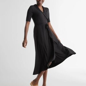 Quince Tencel  Black Wrap Midi Dress with Tie Waist NWT